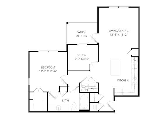 A floor plan of a house with a study, bedroom, bath, pantry, living/dining area, and kitchen.
