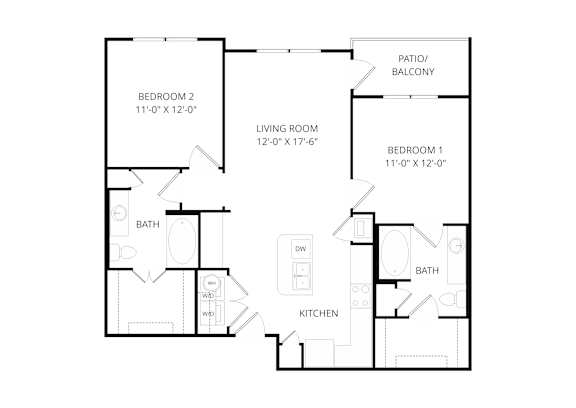 A black and white image of a floor plan for a two bedroom apartment.