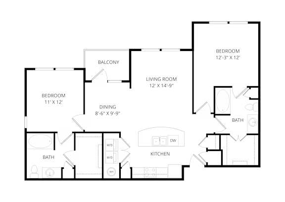 A floor plan of a house with a balcony, two bedrooms, a living room, a dining area, a kitchen, and two bathrooms.