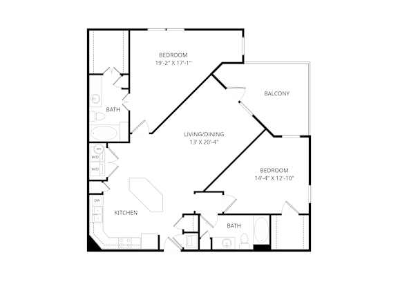 A floor plan of a home with two bedrooms, a living/dining area, a kitchen, and two bathrooms.