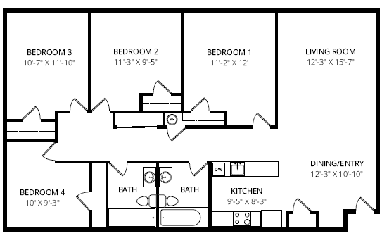 Floor Plan  A black and white image of a house floor plan with four bedrooms and a living room.