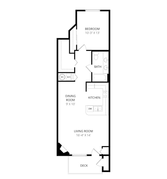 Floor Plan  A floor plan of a house with a bedroom, bath, dining room, kitchen, living room, and a deck.