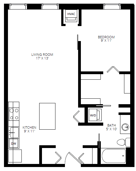 Floor Plan  A black and white image of a floor plan for a small apartment.