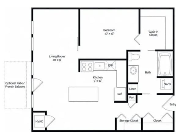 A floor plan of a small apartment with a living room, bedroom, kitchen, and bathroom.
