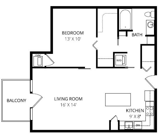 A floor plan of a small apartment with a bedroom, living room, kitchen, and bathroom.