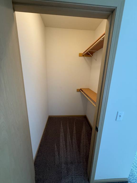 A white doorway opens to a hallway with a brown floor and a light switch on the wall.