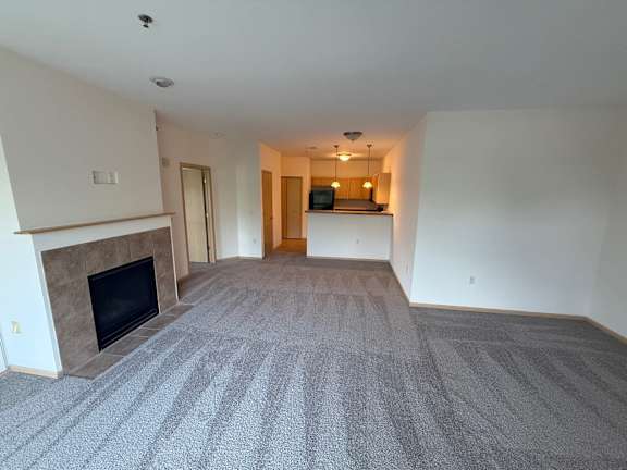 A living room with a fireplace and grey carpet.