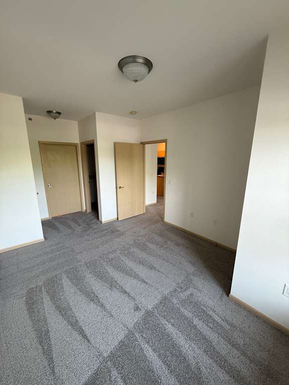 A carpeted hallway with doors on both sides.