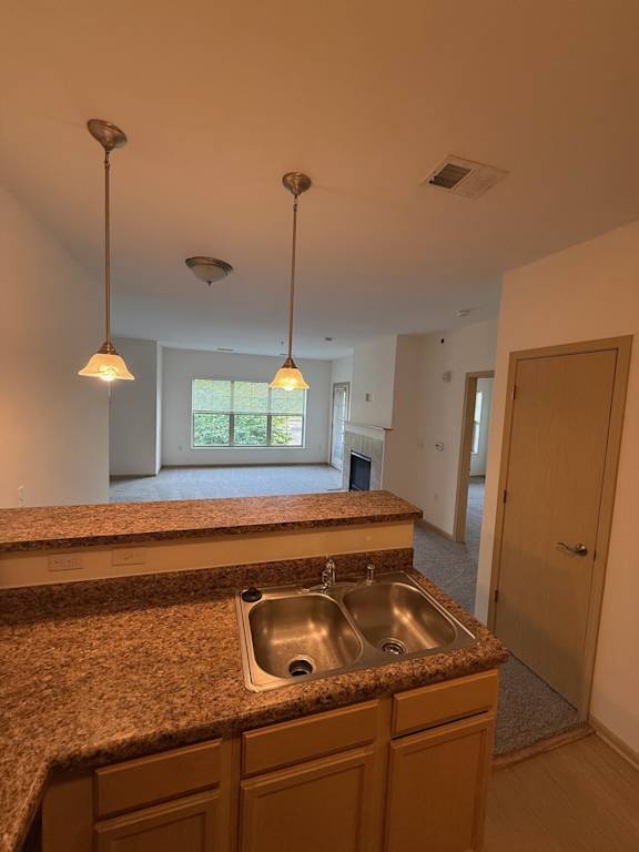 A kitchen with a granite countertop and a sink.