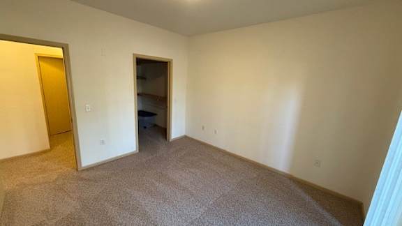 A room with a carpeted floor and a closet with a door.