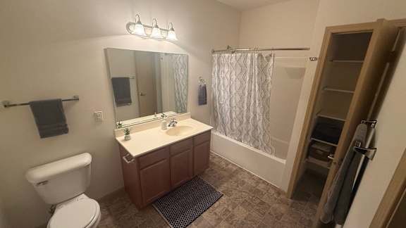 A bathroom with a toilet, sink, and shower.
