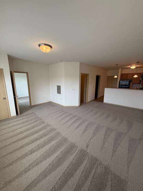 A carpeted room with a light on the ceiling.