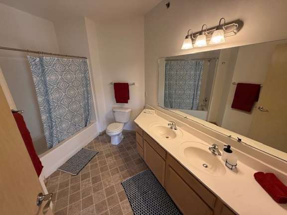 A bathroom with a toilet, sink, and shower curtain.