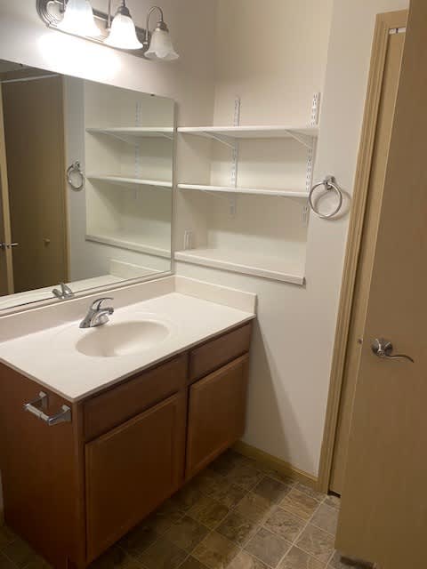 A bathroom with a sink and a mirror.