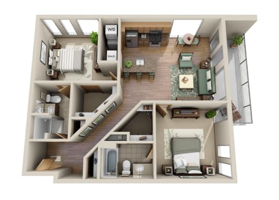 a spacious two bedroom apartment with two bathrooms and a spacious living room with a fireplace and a