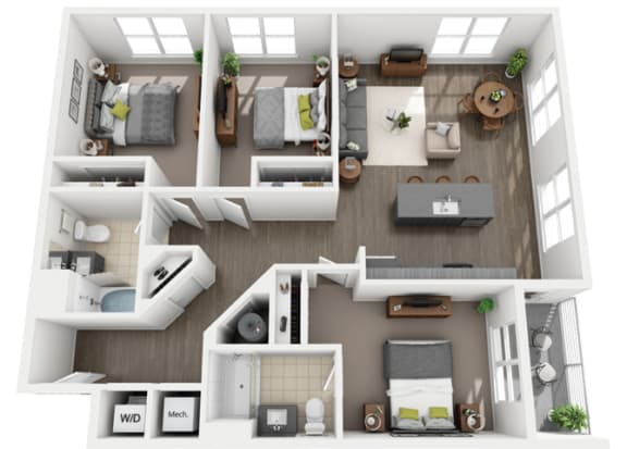 a 3d drawing of the cortona floor plan with the roommates in the living room