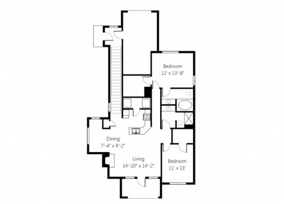 a floor plan of a house with two bedrooms and two bathrooms