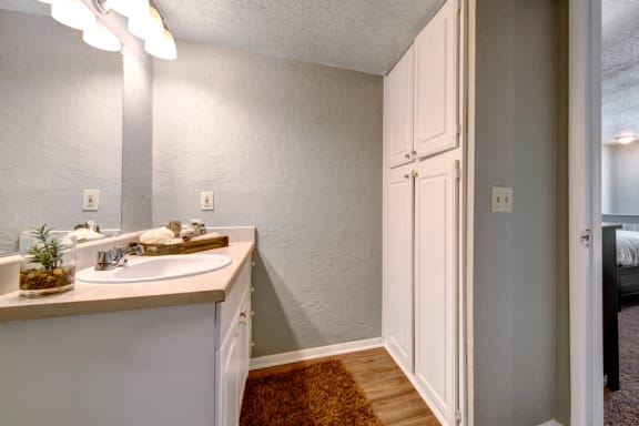 a bathroom with a sink and a refrigerator