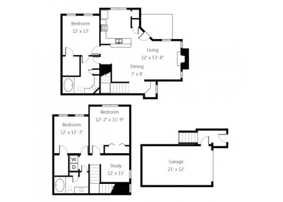 a floor plan of a home with three bedrooms and two bathrooms