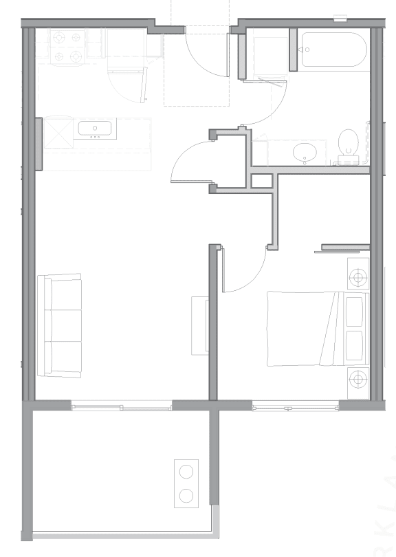 a floor plan of a small house with a bedroom and a living room