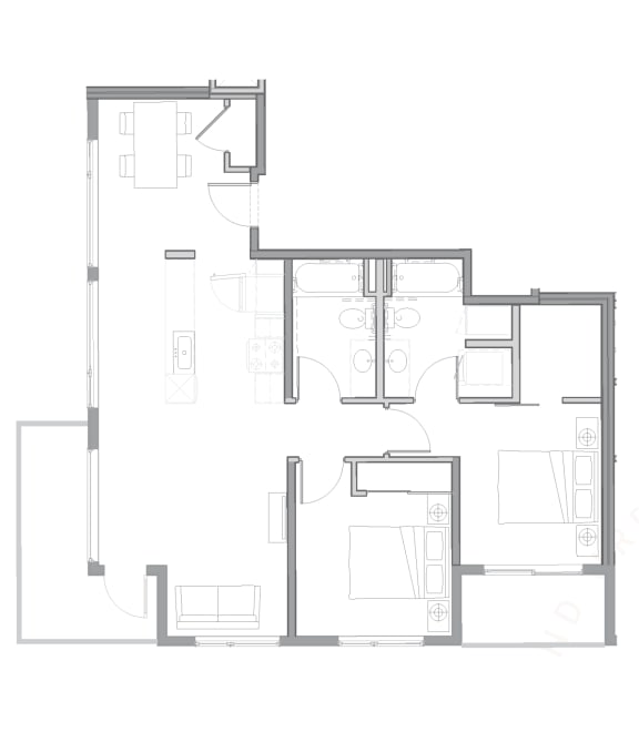 floor plan of the living room and bedroom of a small house