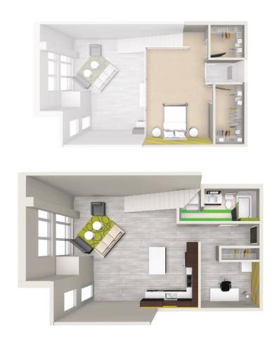 two different views of a house with a kitchen and a living room