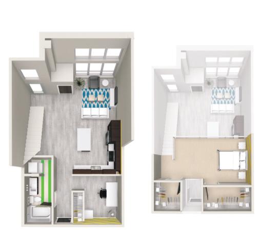 the layouts of two bedrooms and a living room