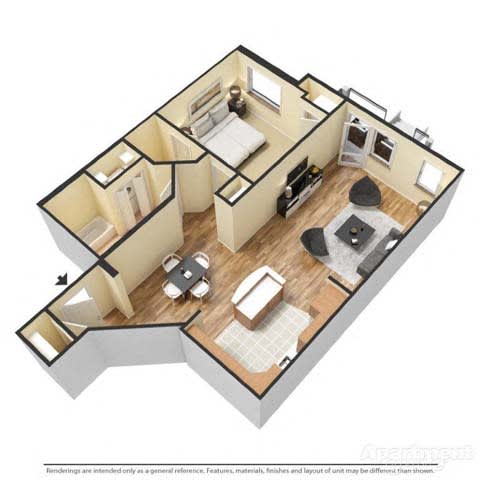 a 3d floor plan with a bedroom and a living room
