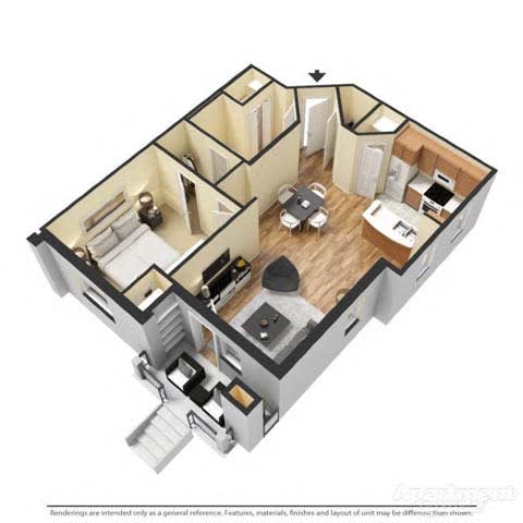 3d floor plan of a small apartment with a bedroom and a living room
