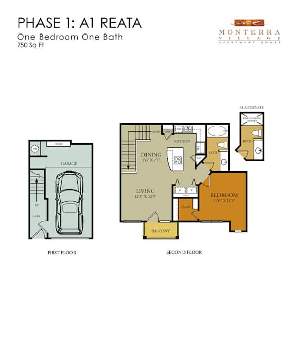 A drawing of a one bedroom one bath apartment in phase 1 of the Monterra Village Estates.