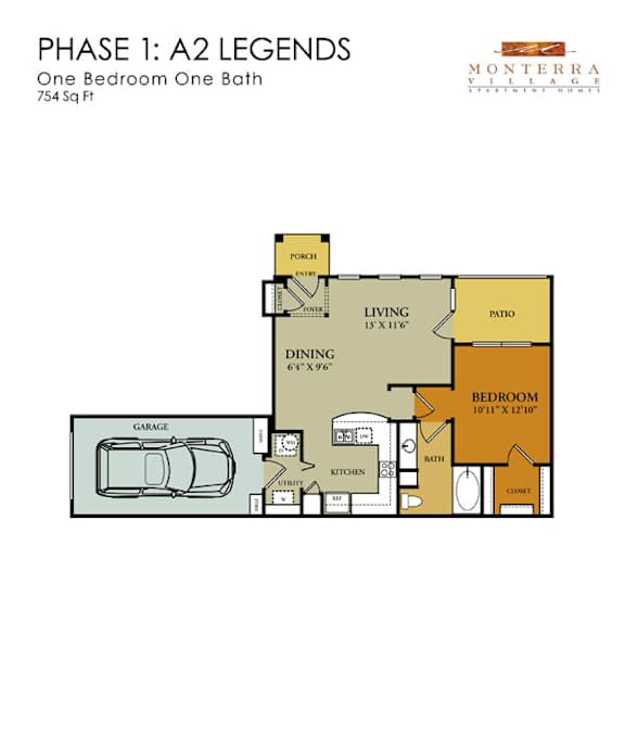A drawing of a floor plan for a one bedroom one bath apartment.
