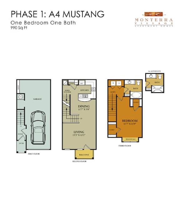 A floor plan for a one bedroom one bath apartment.