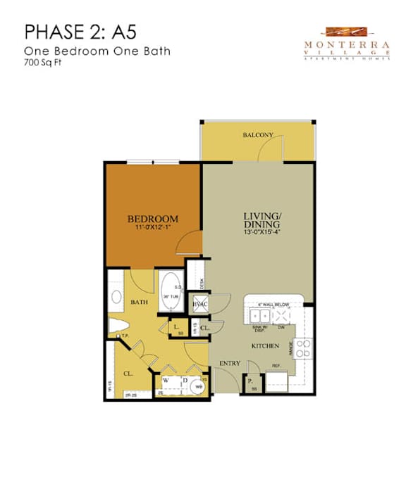 A drawing of a floor plan for a one bedroom one bath apartment.