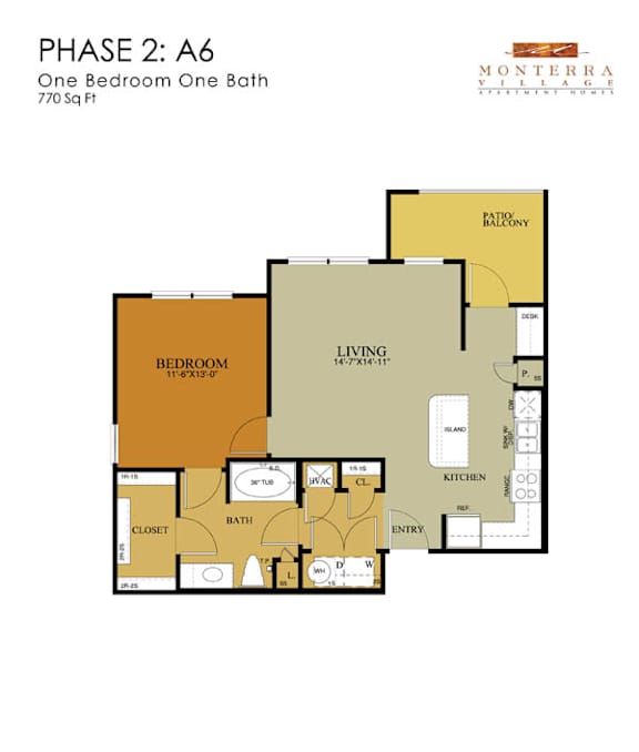 A drawing of a floor plan for a one bedroom one bath apartment.