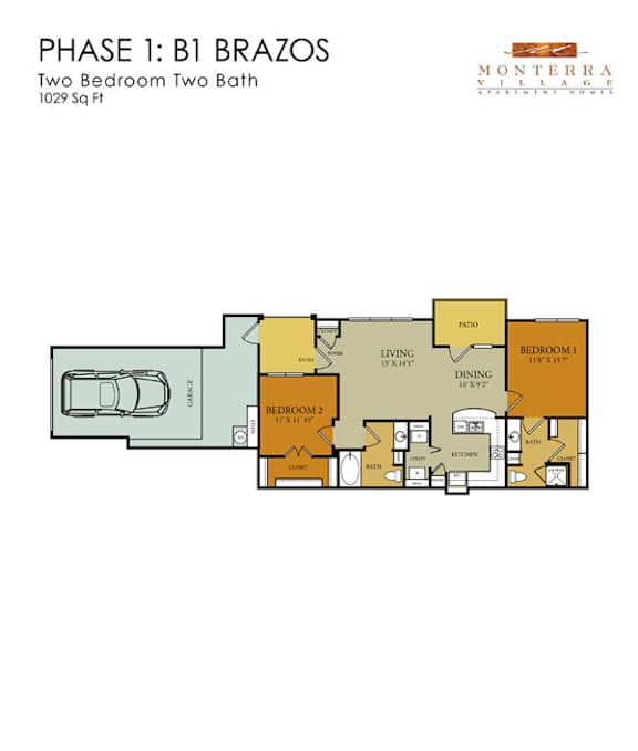 A floor plan for a two bedroom, two bath apartment at Monterra Village.