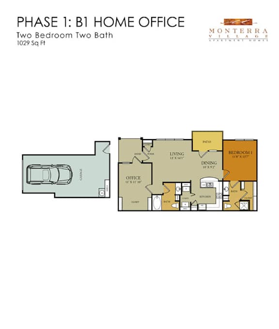 A floor plan for a two bedroom, two bath home office.
