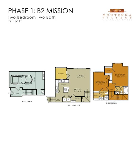 A floor plan for a two bedroom, two bath apartment.