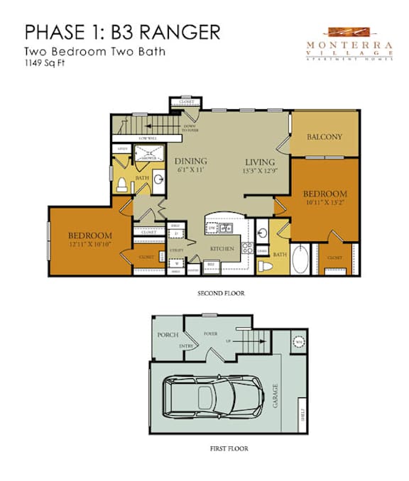 A floor plan for a two bedroom, two bath ranger house.