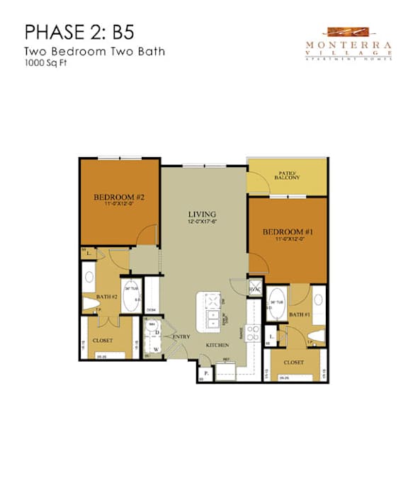 A floor plan for a two bedroom, two bath apartment.