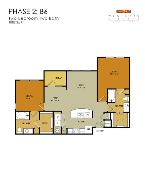 A floor plan for a two bedroom, two bath apartment at Monterra Village.