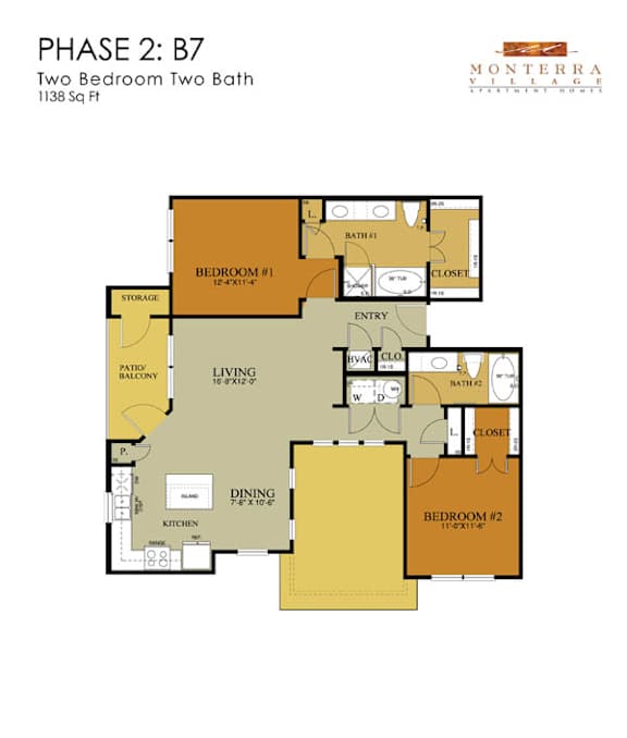 A floor plan for a two bedroom, two bath apartment at Monterra Village.