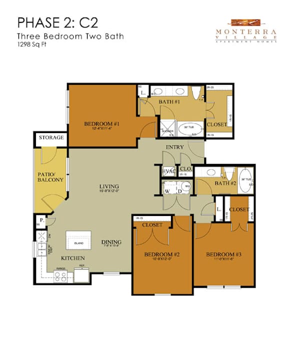 A floor plan for a three bedroom two bathroom apartment.