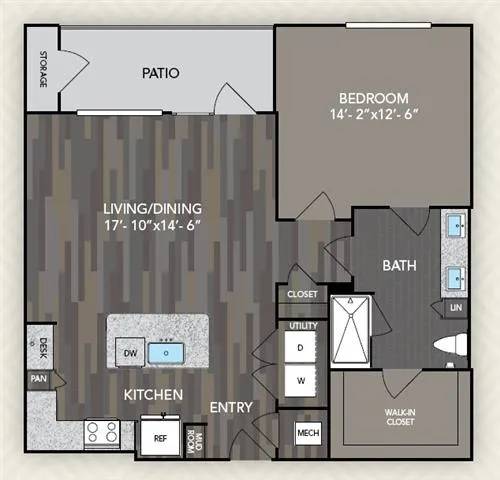 A floor plan of a house with a living/dining area, kitchen, bedroom, bathroom, and closet.