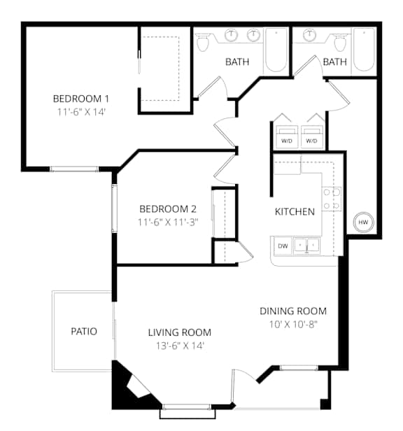 Floor Plan  A black and white image of a house floor plan with a living room, dining room, kitchen, two bedrooms, and two bathrooms.