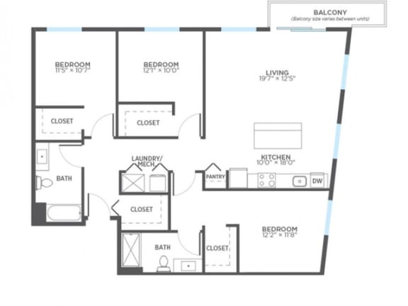 PATCH 3 Bedroom 2 Bath Floor Plan at Stitchweld, MILWAUKEE