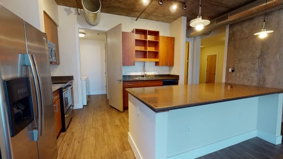 Penthouse kitchen with hardword floors