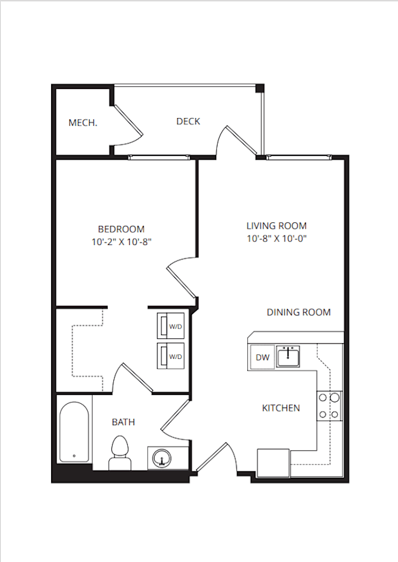Floor Plan  A floor plan of a house with a bedroom, living room, dining room, kitchen, and bathroom.