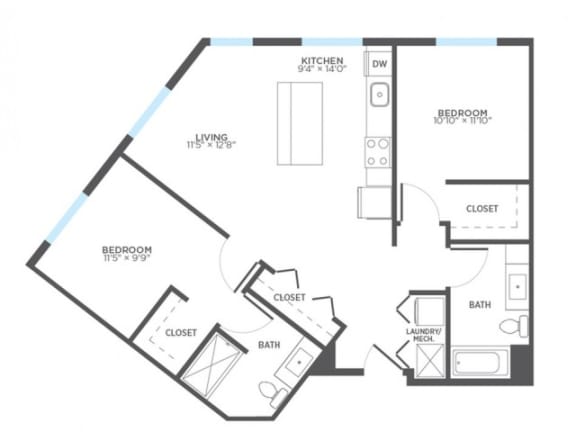 SATIN 2 Bedroom 2 Bath Floor Plan at Stitchweld, MILWAUKEE