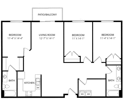 A floor plan of a house with a living room, four bedrooms, a bathroom, and a kitchen.
