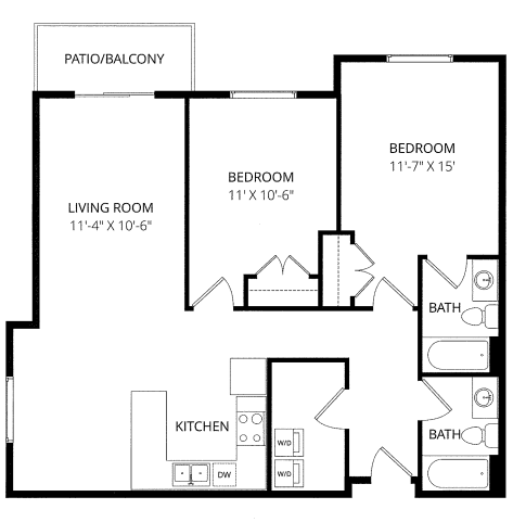 A black and white image of a floor plan for a home with a living room, kitchen, two bedrooms, and bathrooms.